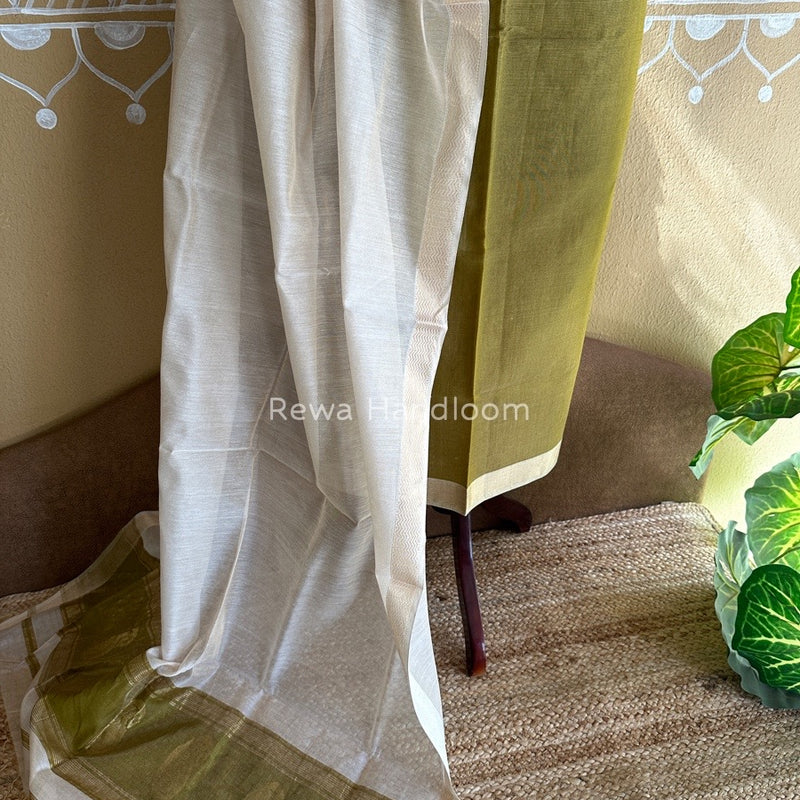 Maheshwari Mehendi Green-Off White Tissue Buta Dress Material TPT051