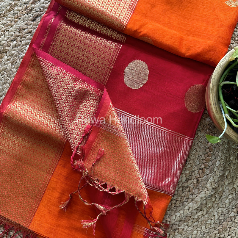 Orange Sikka Butta Pallu Zari Border Saree ~ Maheshwari Saree-SBS-09