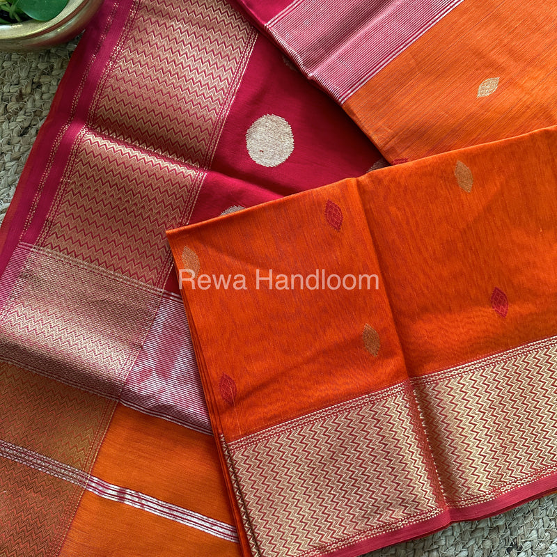 Orange Sikka Butta Pallu Zari Border Saree ~ Maheshwari Saree-SBS-09