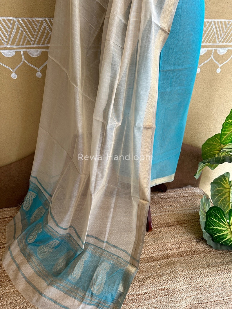 Maheshwari Firozi Blue-White Tissue Buta Dress Material TPT061
