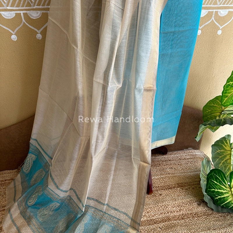Maheshwari Firozi Blue-White Tissue Buta Dress Material TPT061