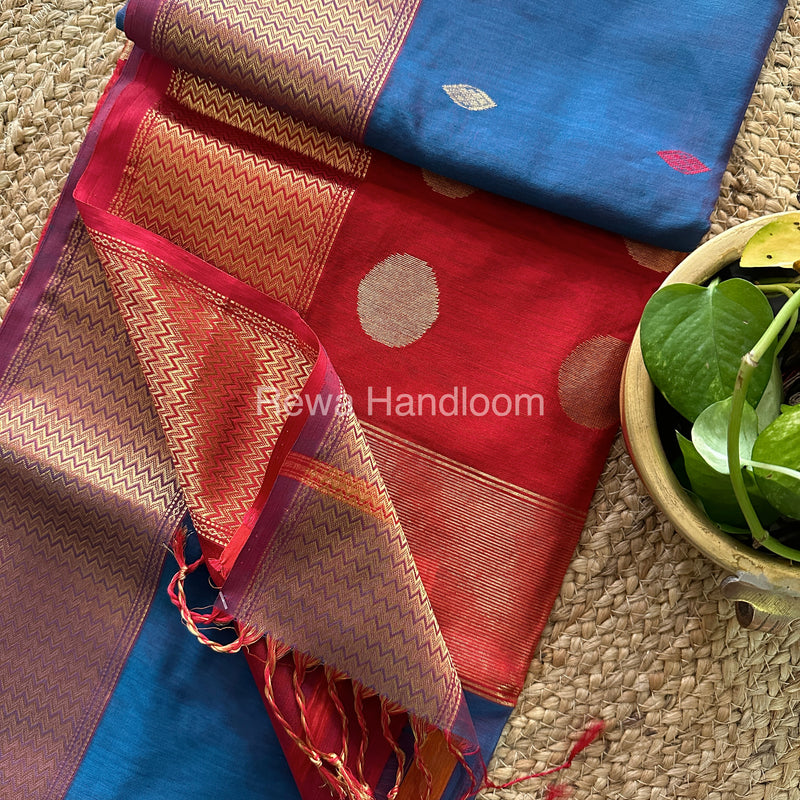 Cobalt Blue Sikka Butta Pallu Zari Border Saree ~ Maheshwari Saree-SBS-02