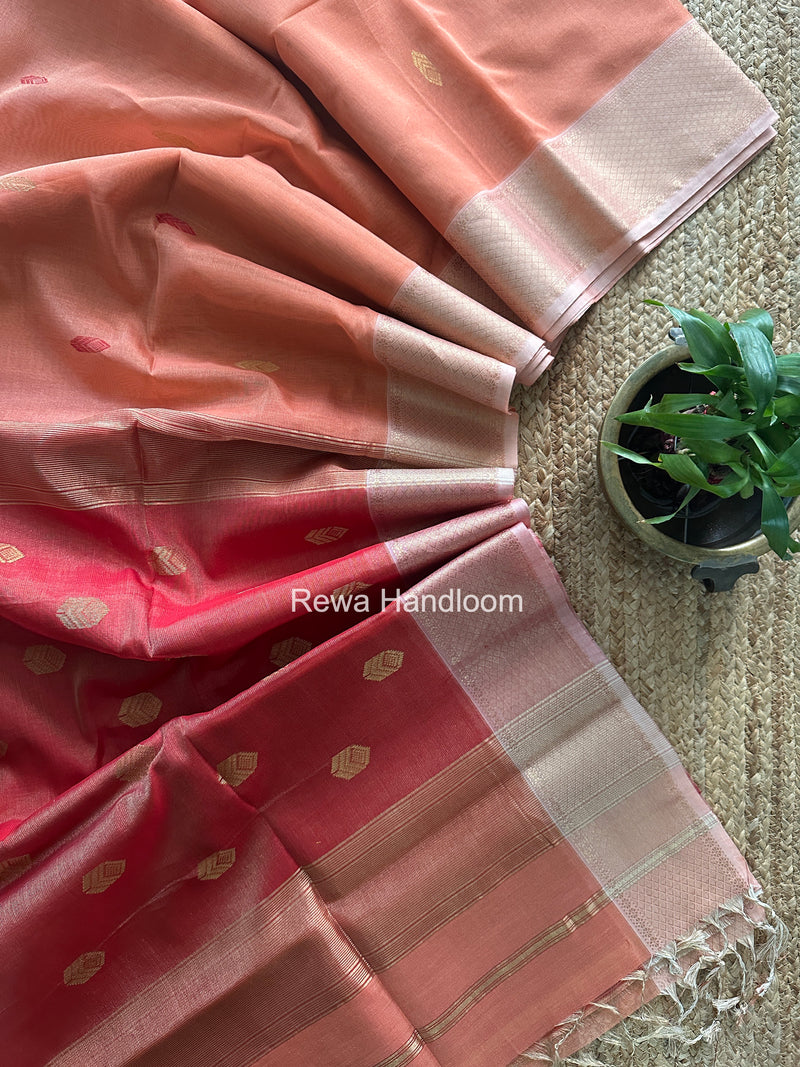 Maheshwari Peach Tissue Silk Saree TFB043