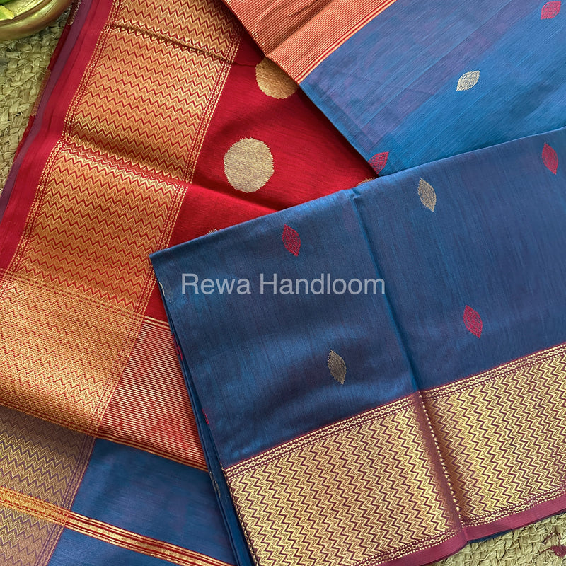 Cobalt Blue Sikka Butta Pallu Zari Border Saree ~ Maheshwari Saree-SBS-02