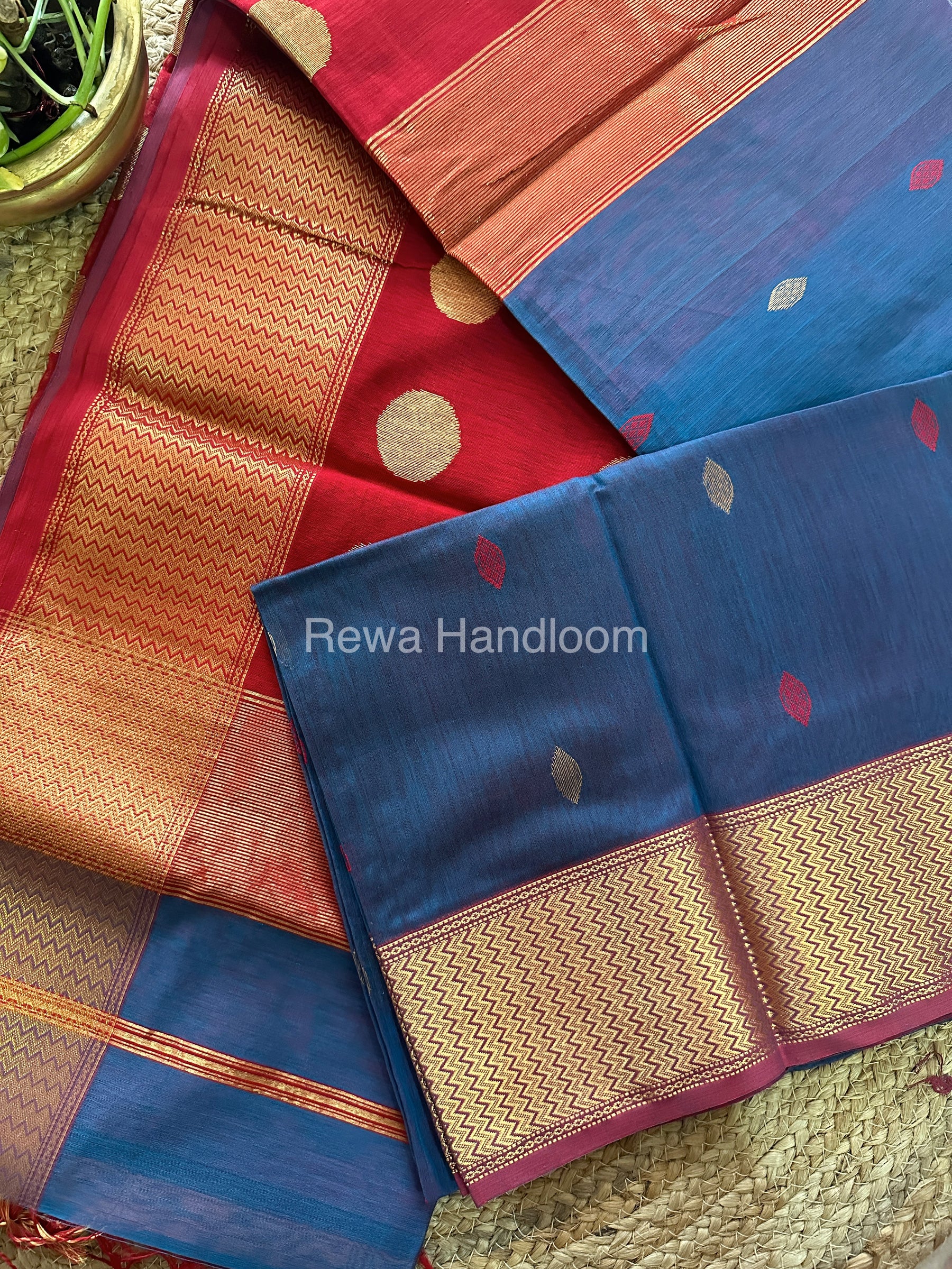 Cobalt Blue Sikka Butta Pallu Zari Border Saree ~ Maheshwari Saree-SBS-02