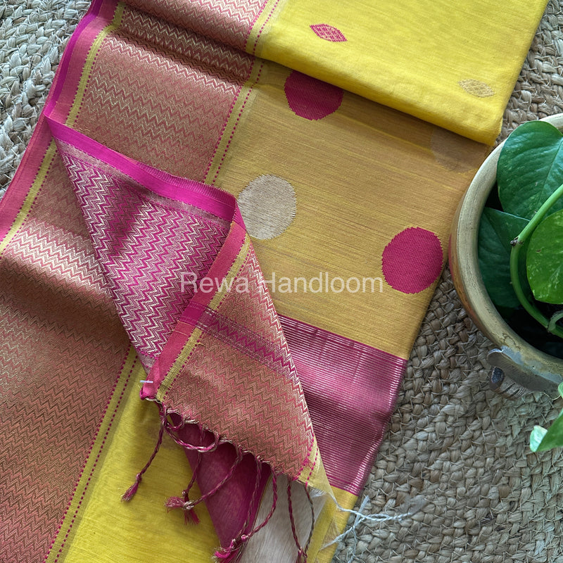 Yellow Sikka Butta Pallu Zari Border Saree ~ Maheshwari Saree-SBS-03