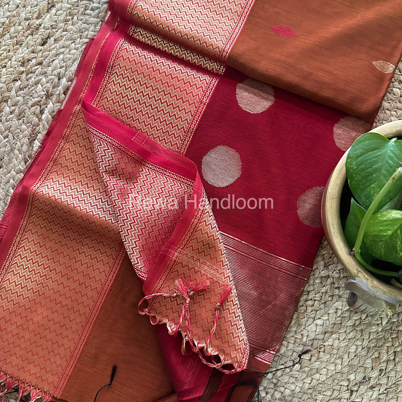 Rust Orange Sikka Butta Pallu Zari Border Saree ~ Maheshwari Saree-SBS-05