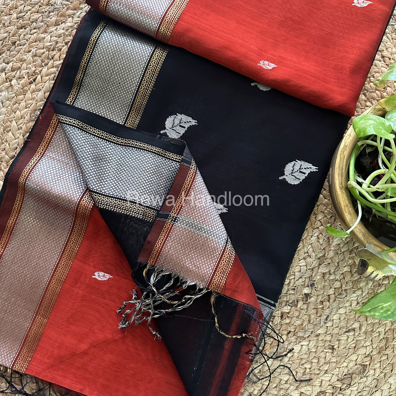Maheshwari Rust-Black Silver Zari Sarees-SPS019