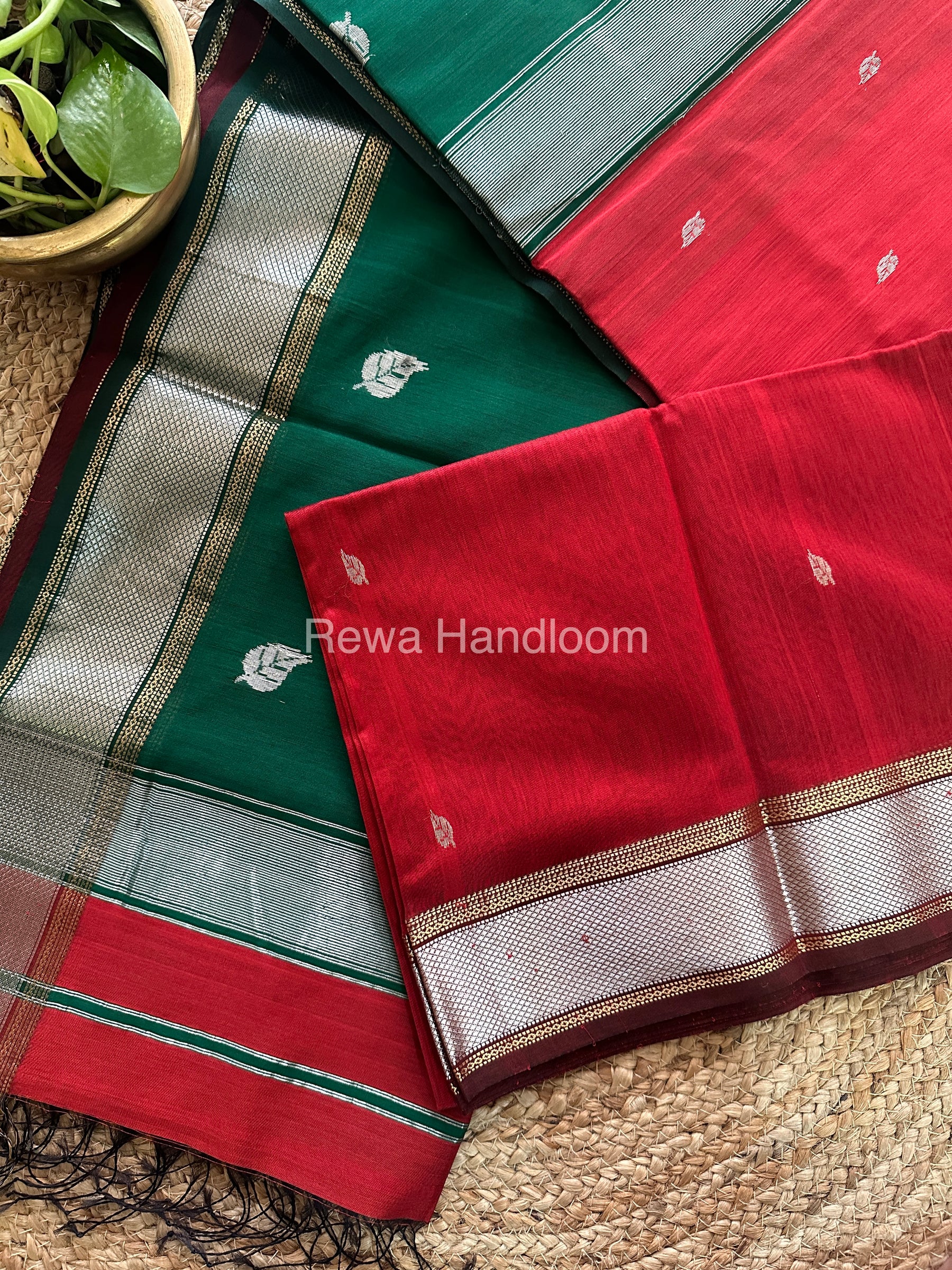 Maheshwari Red-Green Silver Zari Sarees-SPS-020