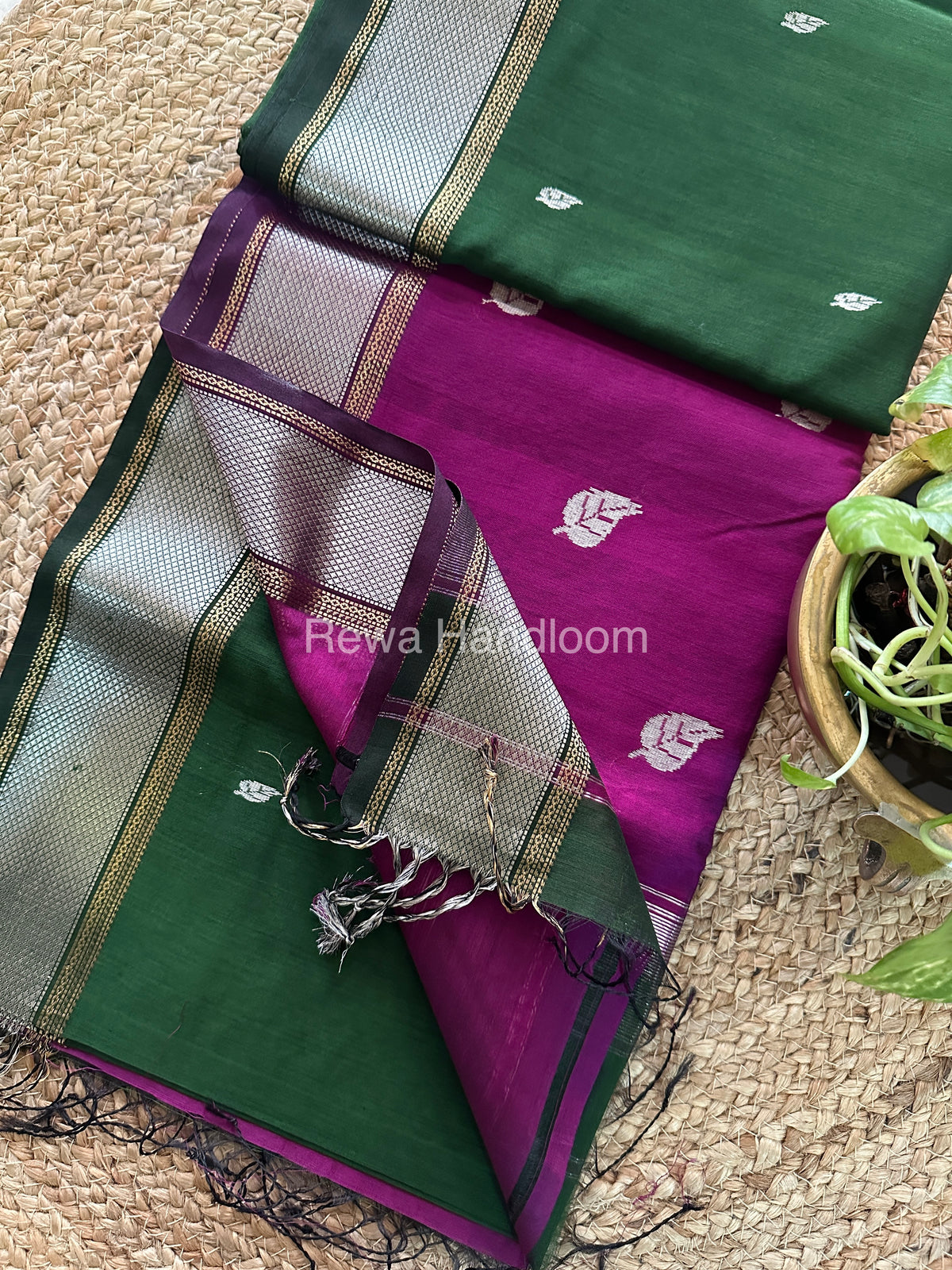 Maheshwari Green-Purple Silver Zari Sarees-SPS-017