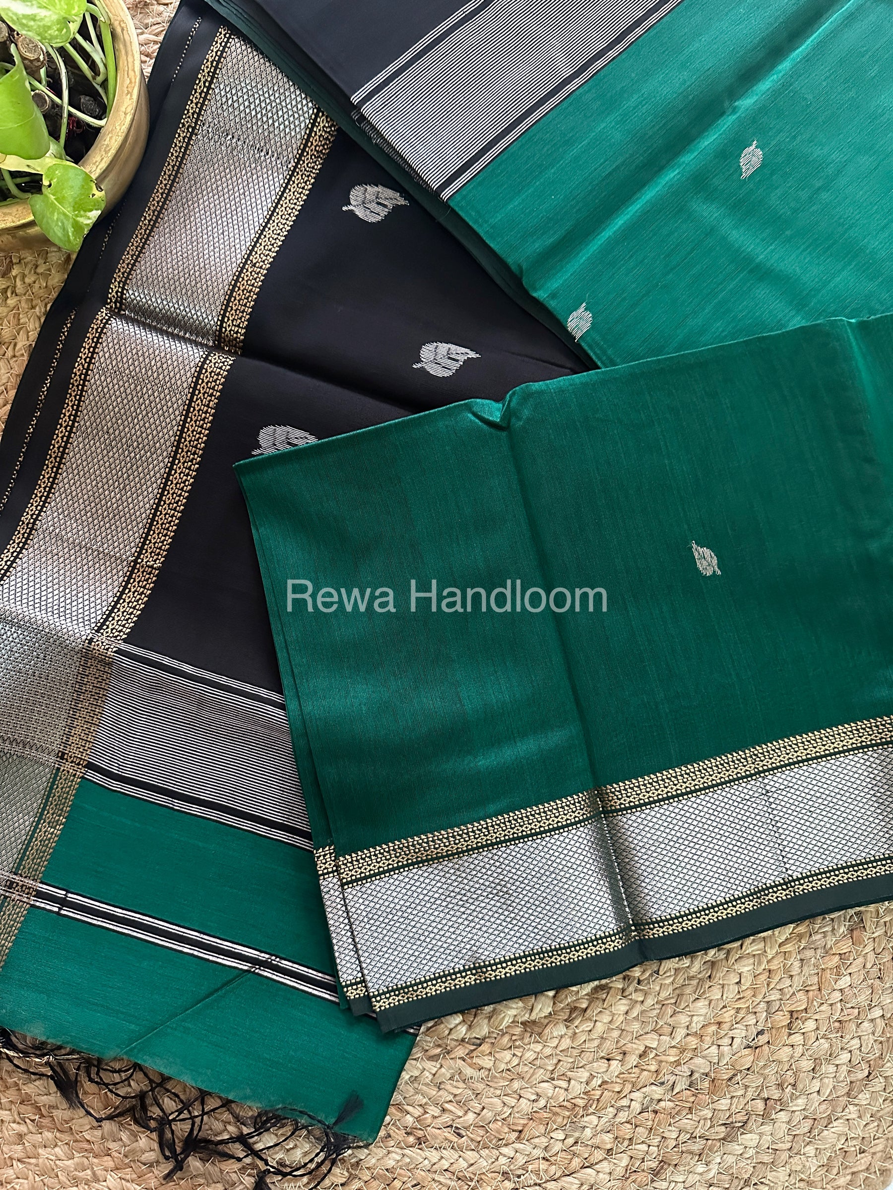 Maheshwari Green-Black Silver Zari Sarees-SPS-016