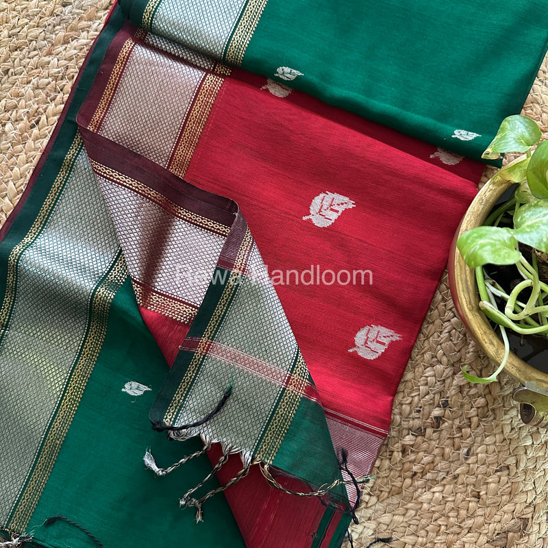 Maheshwari Green-Maroon Silver Zari Sarees-SPS-030