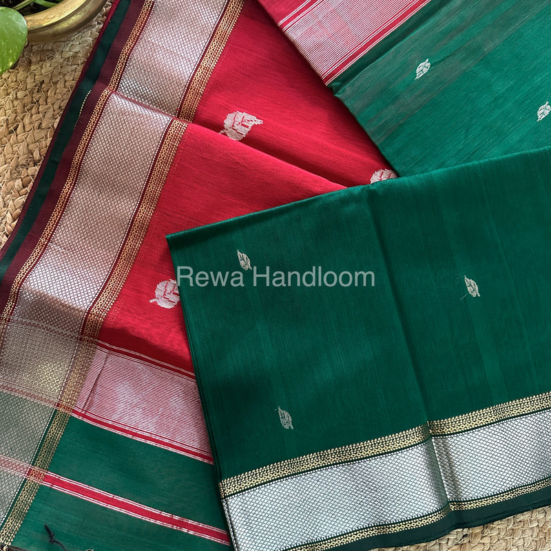 Maheshwari Green-Maroon Silver Zari Sarees-SPS-030