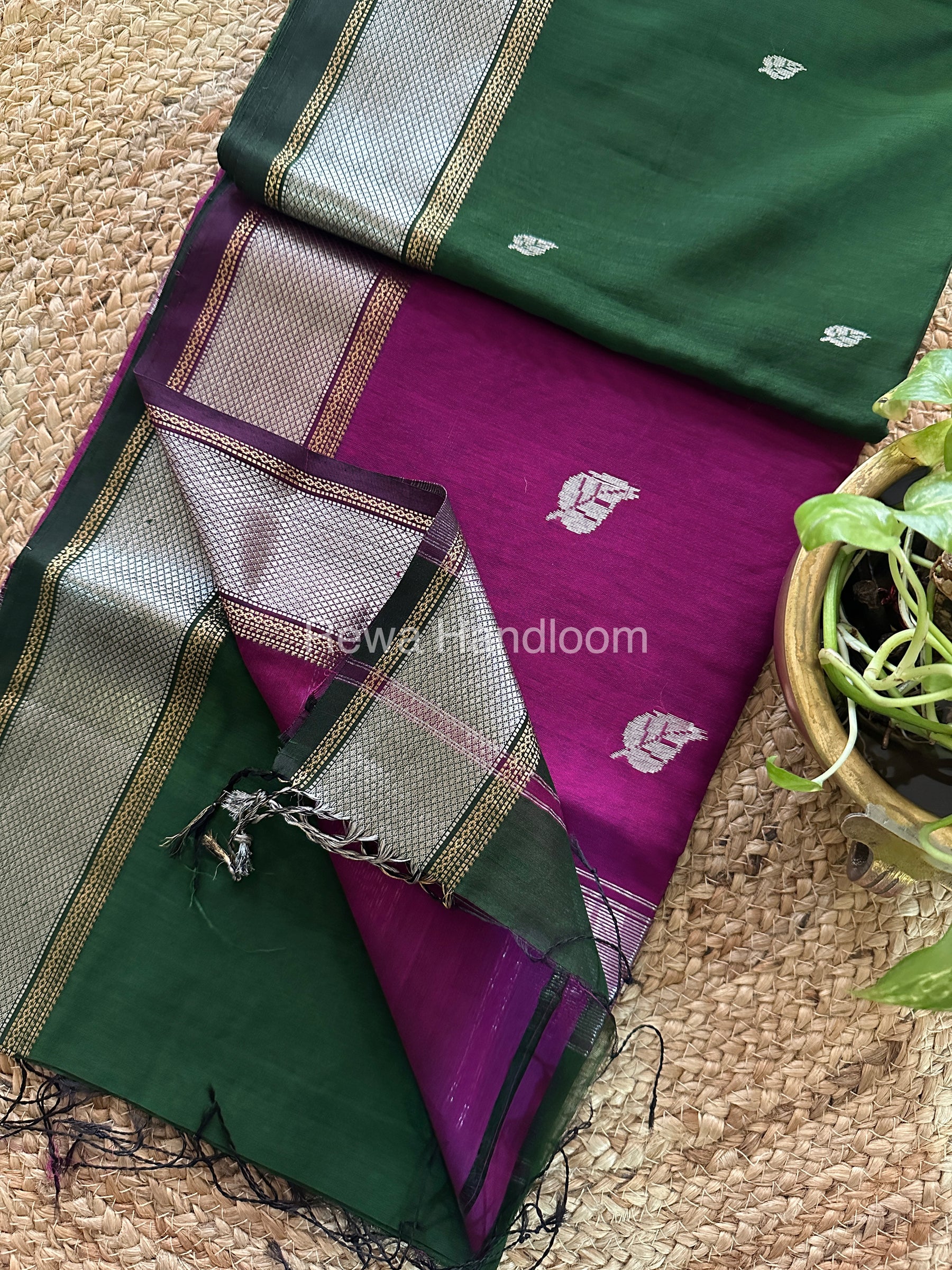 Maheshwari Bottle Green-Purple Silver Zari Sarees-SPS-015