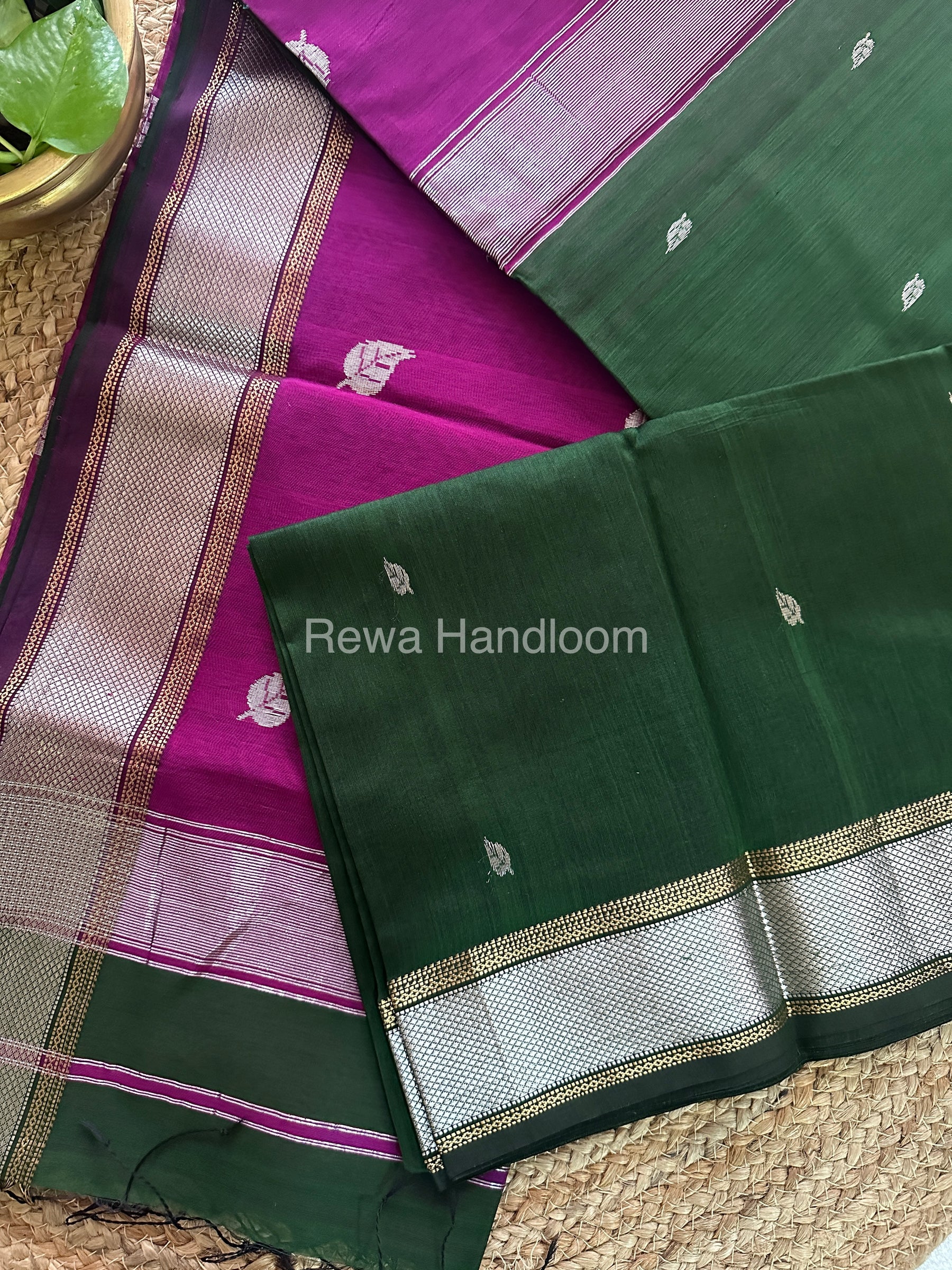 Maheshwari Bottle Green-Purple Silver Zari Sarees-SPS-015