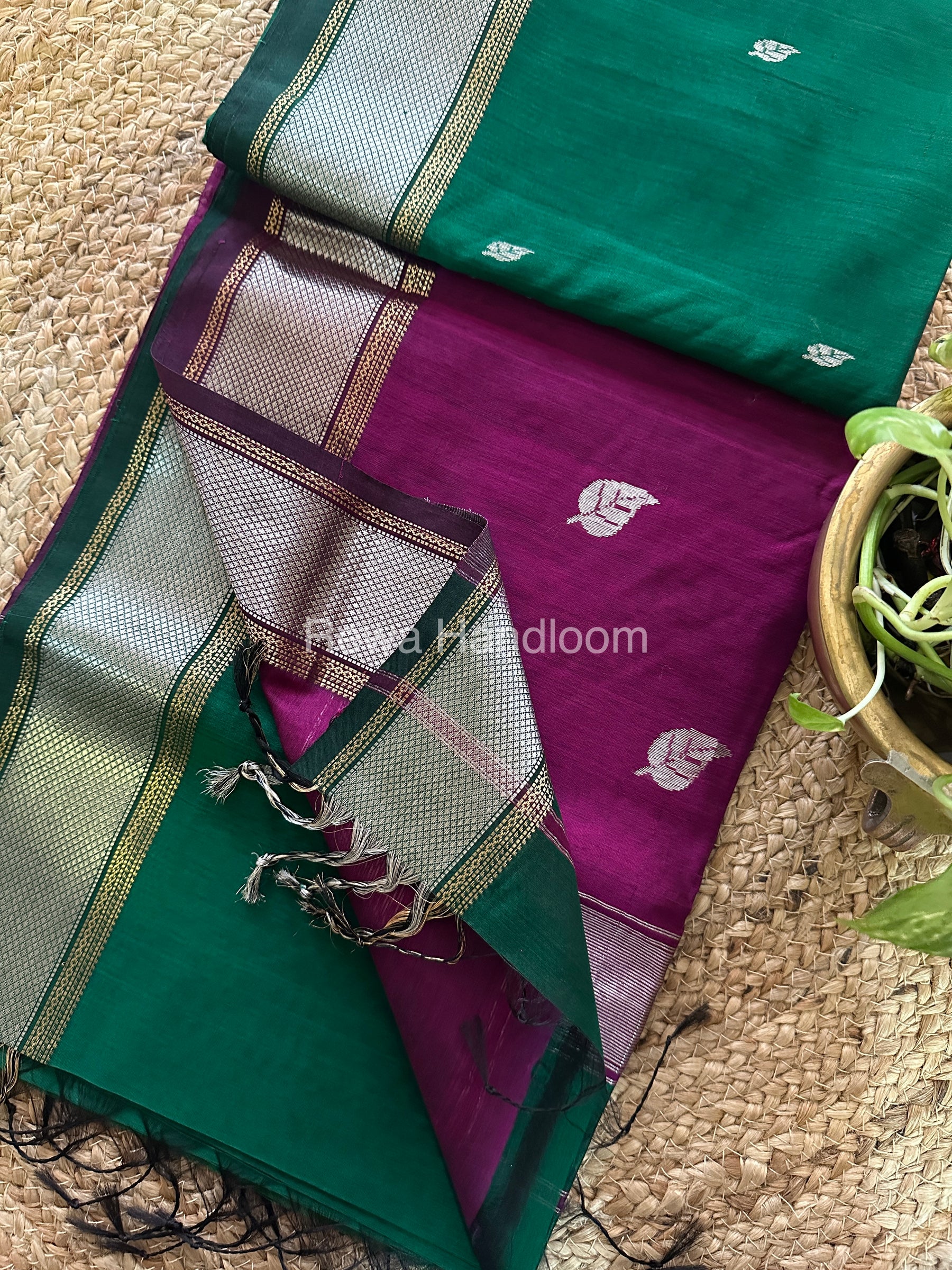 Maheshwari Green-Purple Silver Zari Sarees-SPS-014