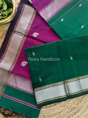 Maheshwari Green-Purple Silver Zari Sarees-SPS-014