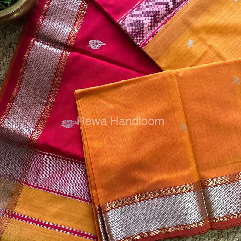 Maheshwari Mustard Yellow-Red Silver Zari Sarees-SPS-06