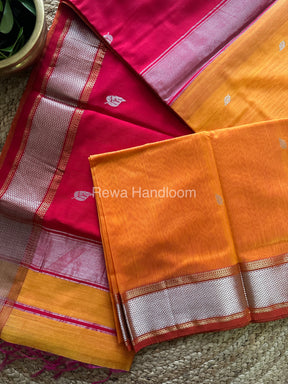 Maheshwari Mustard Yellow-Red Silver Zari Sarees-SPS-06