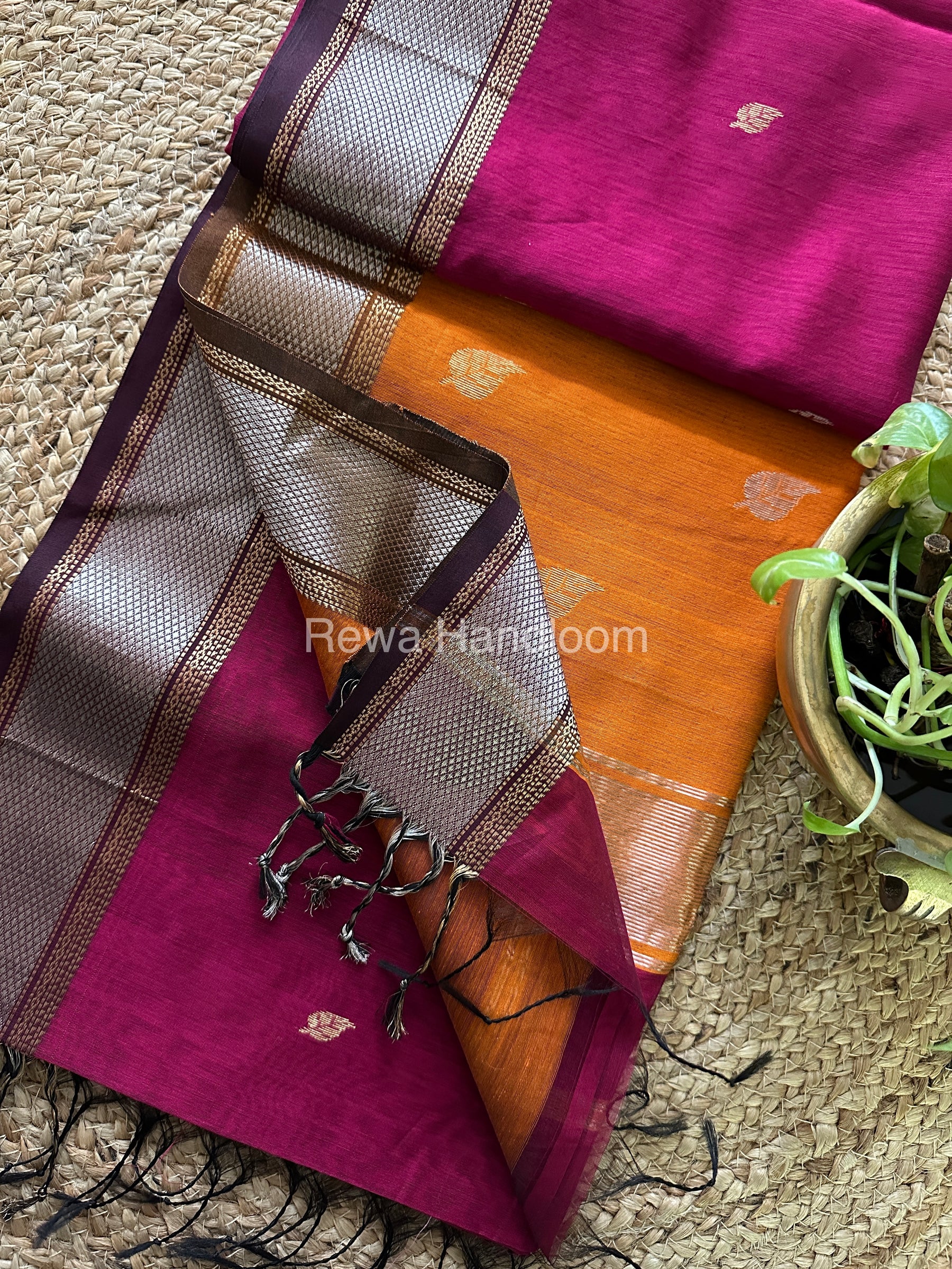 Maheshwari Magenta-Orange Silver Zari Sarees-SPS-04