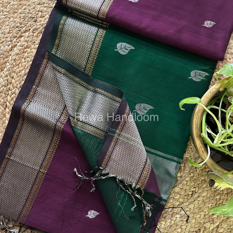 Maheshwari Wine-Bottle Green Silver Zari Saree-SPS-029