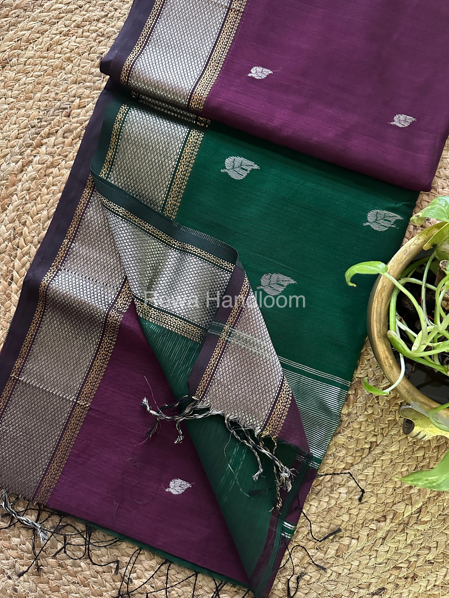 Maheshwari Wine-Bottle Green Silver Zari Saree-SPS-029