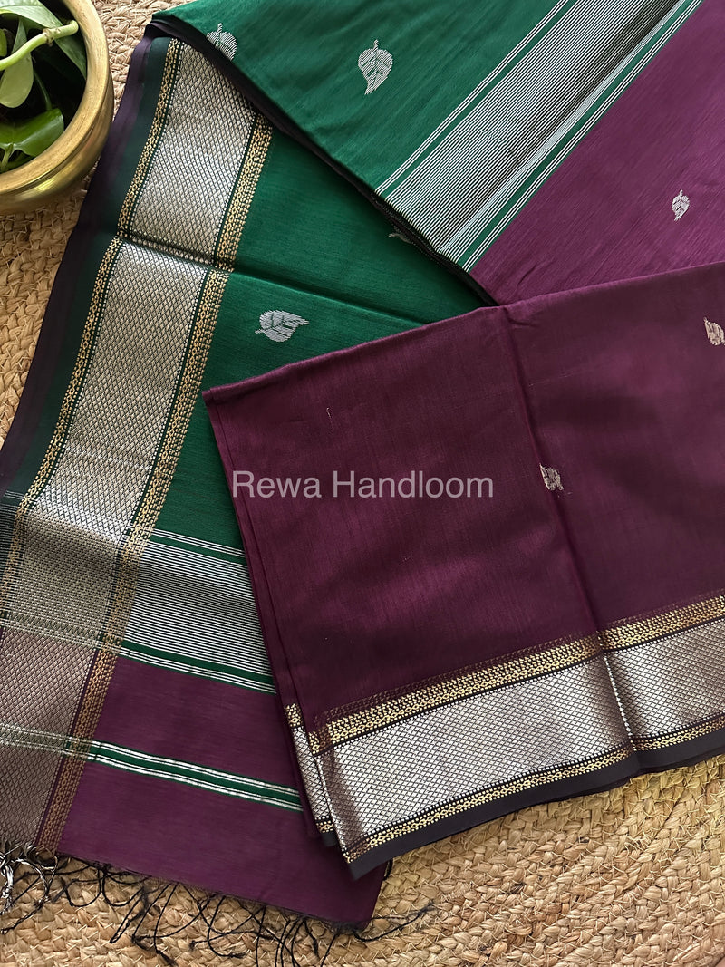 Maheshwari Wine-Bottle Green Silver Zari Saree-SPS-029