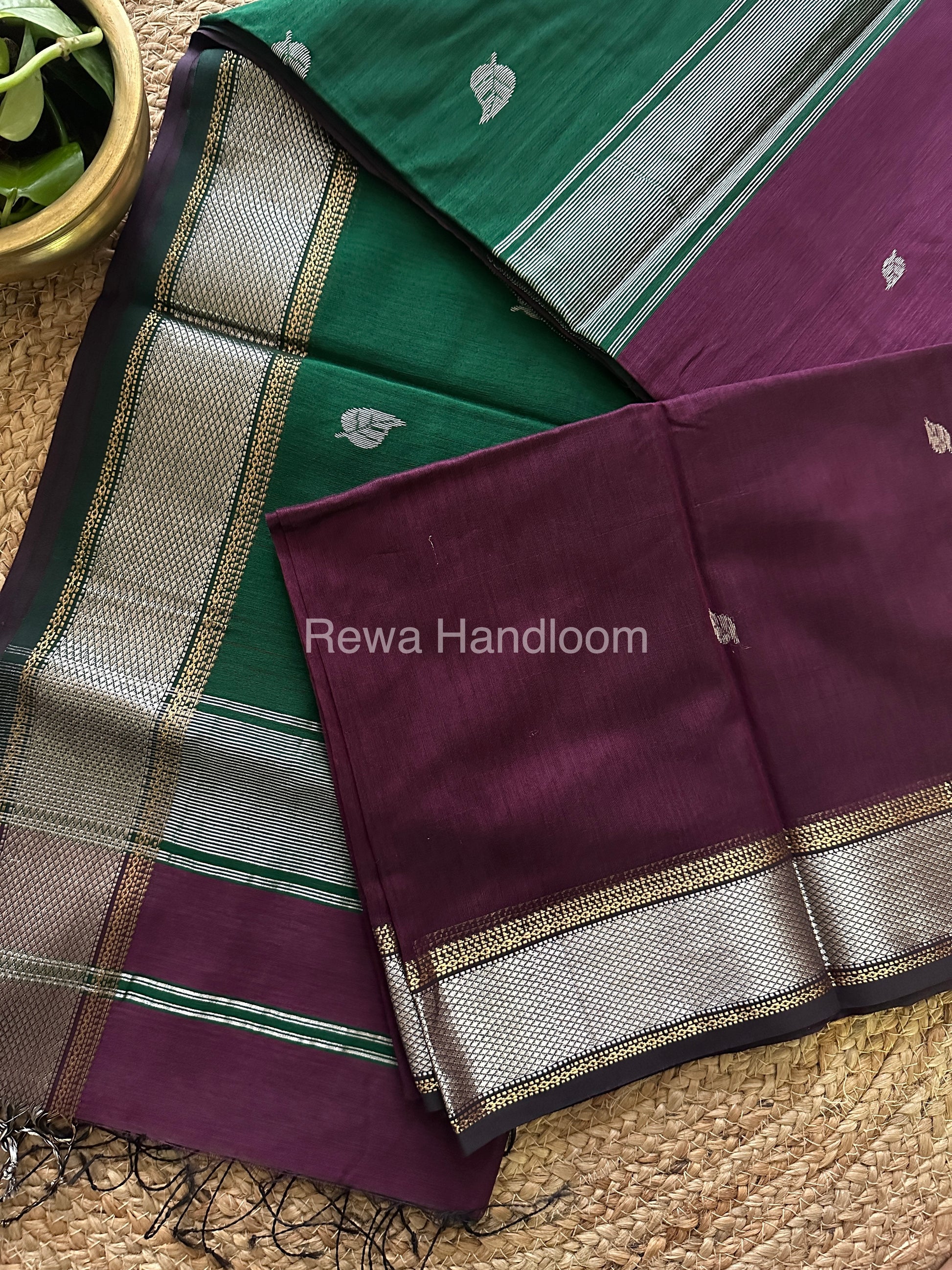 Maheshwari Wine-Bottle Green Silver Zari Saree-SPS-029
