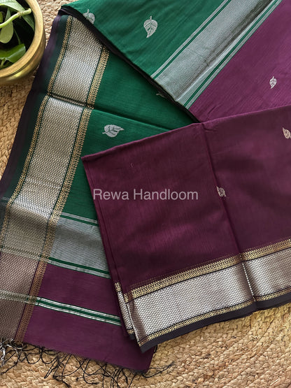 Maheshwari Wine-Bottle Green Silver Zari Saree-SPS-029