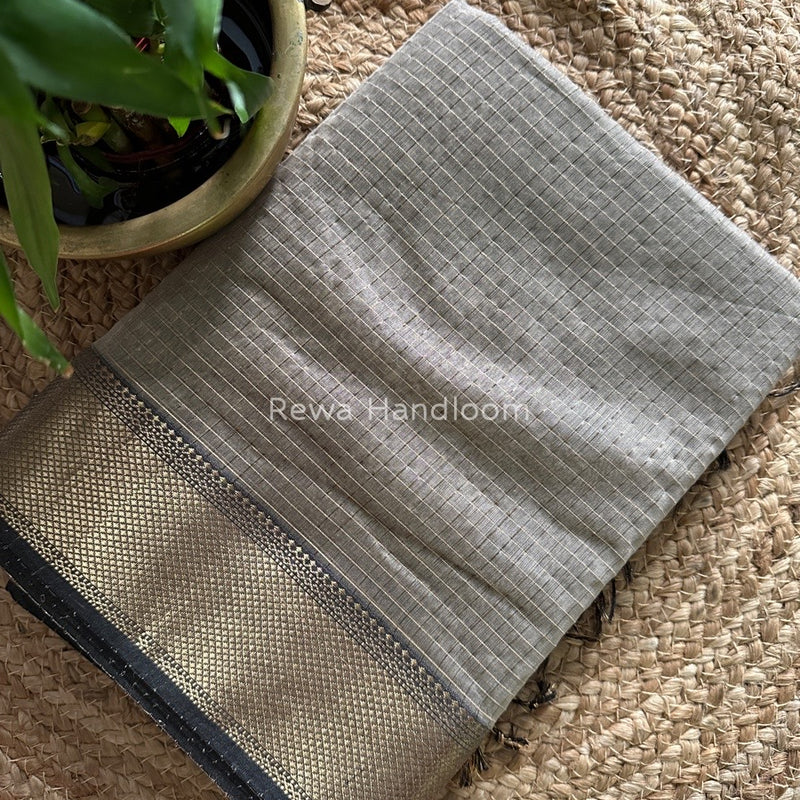 Maheshwari Cement Gray Zari Checks Saree ZCHX154