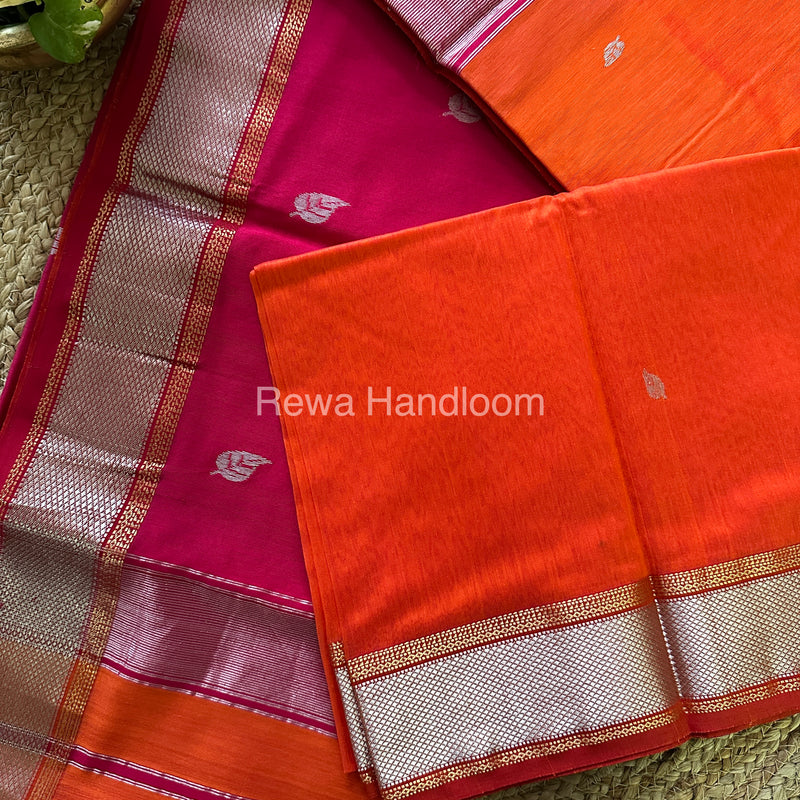 Maheshwari Orange Silver Zari Saree-SPS-025