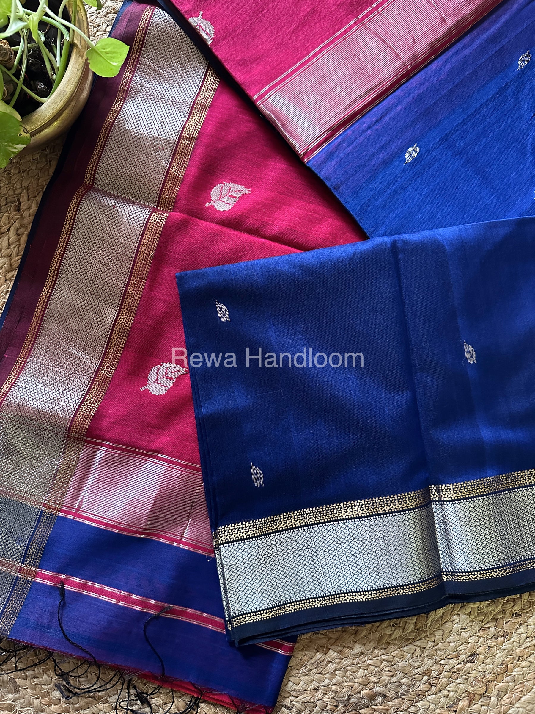 Maheshwari Blue-Rani Pink Silver Zari Sarees-SPS-012