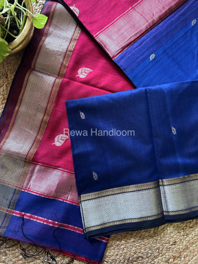 Maheshwari Blue-Rani Pink Silver Zari Sarees-SPS-012