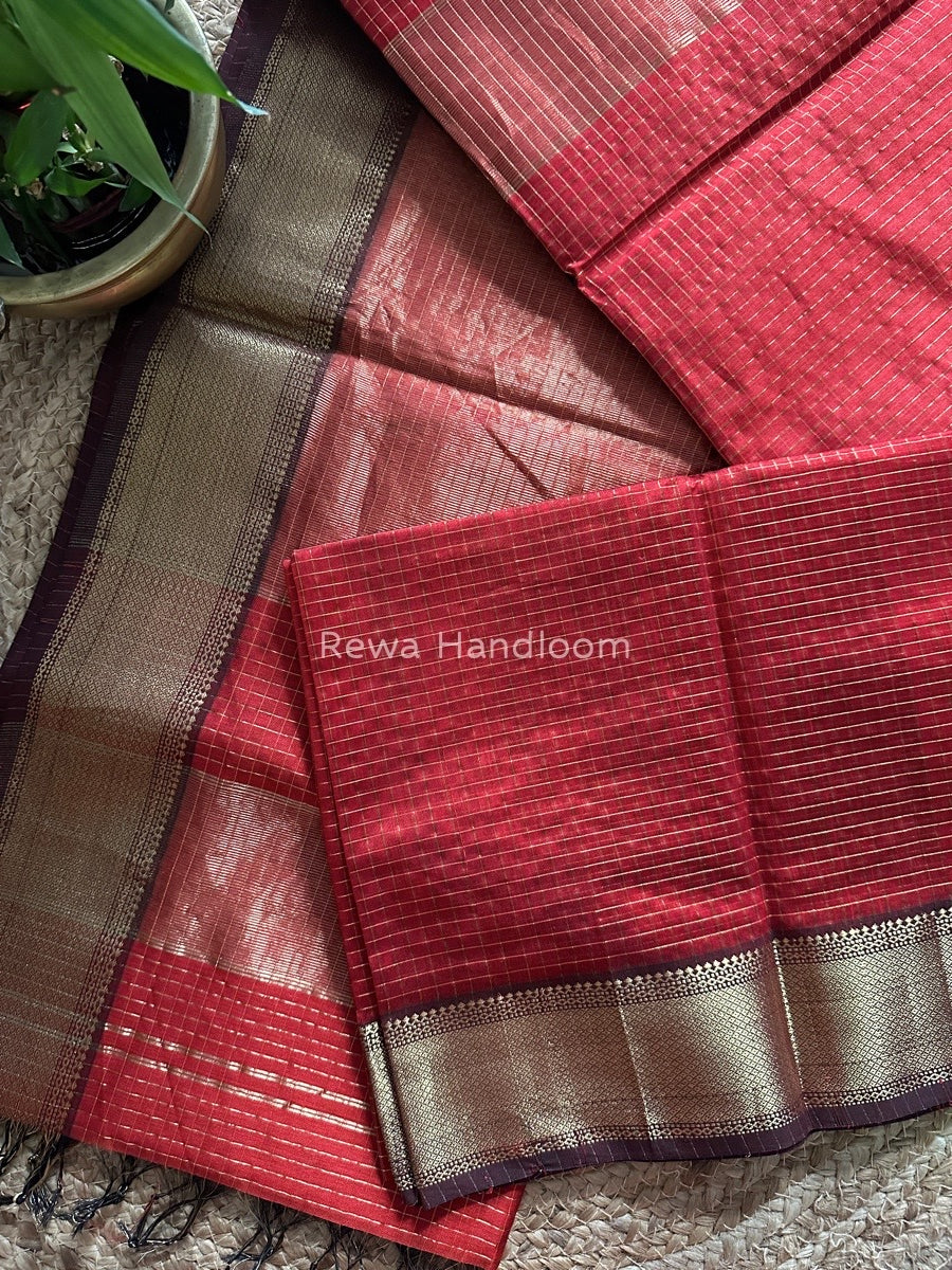 Maheshwari Maroon Zari Checks Saree ZCHX052