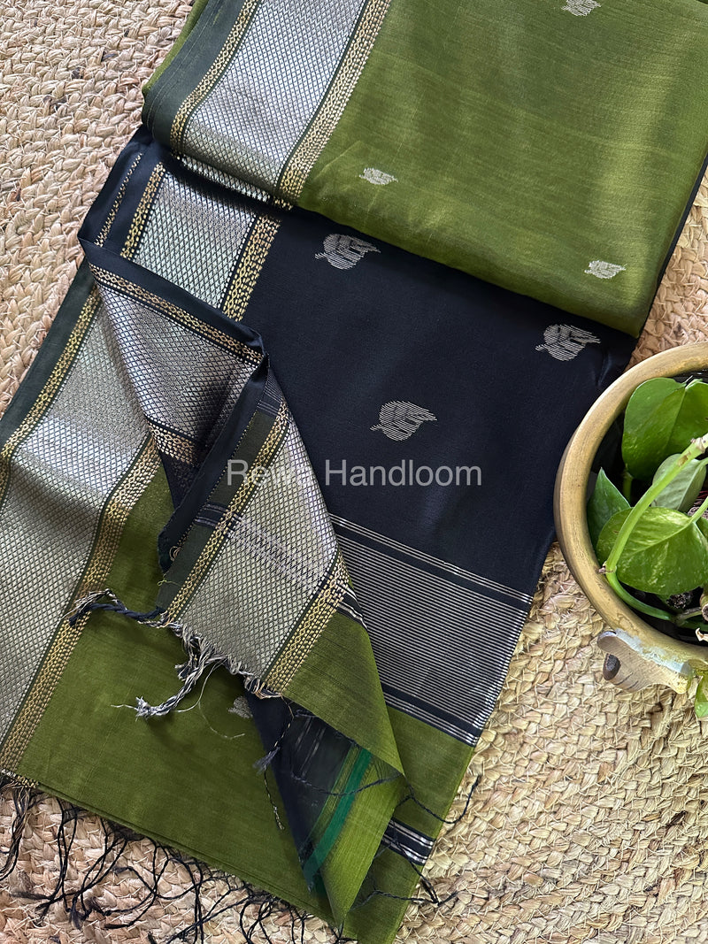 Maheshwari Mehendi Green-Black Silver Zari Saree-SPS-018