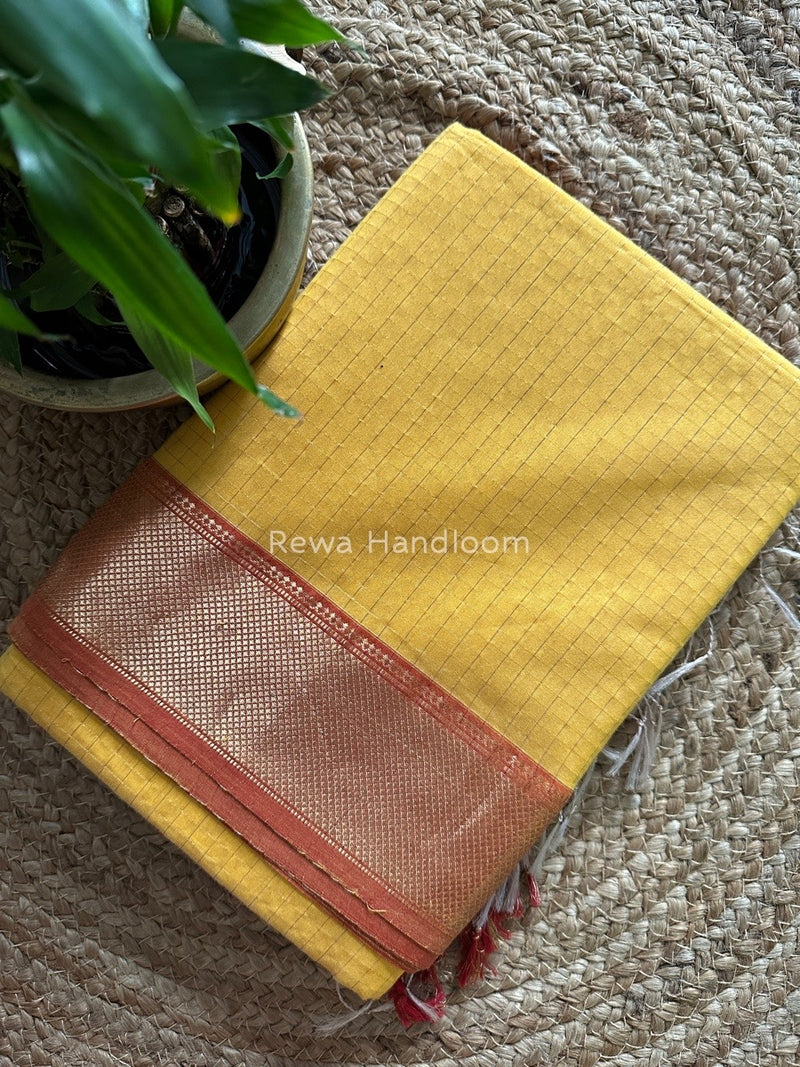 Maheshwari Yellow Zari Checks Saree ZCHX173