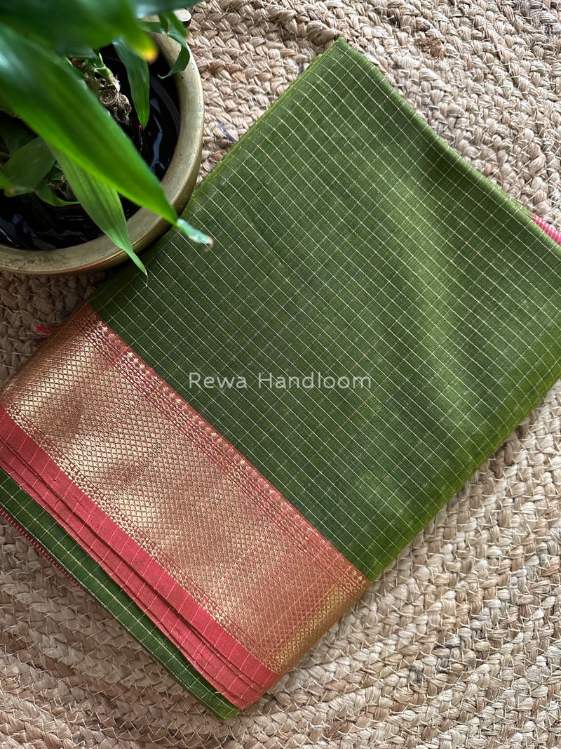Maheshwari Mehendi Green Zari Checks Saree ZCHX142