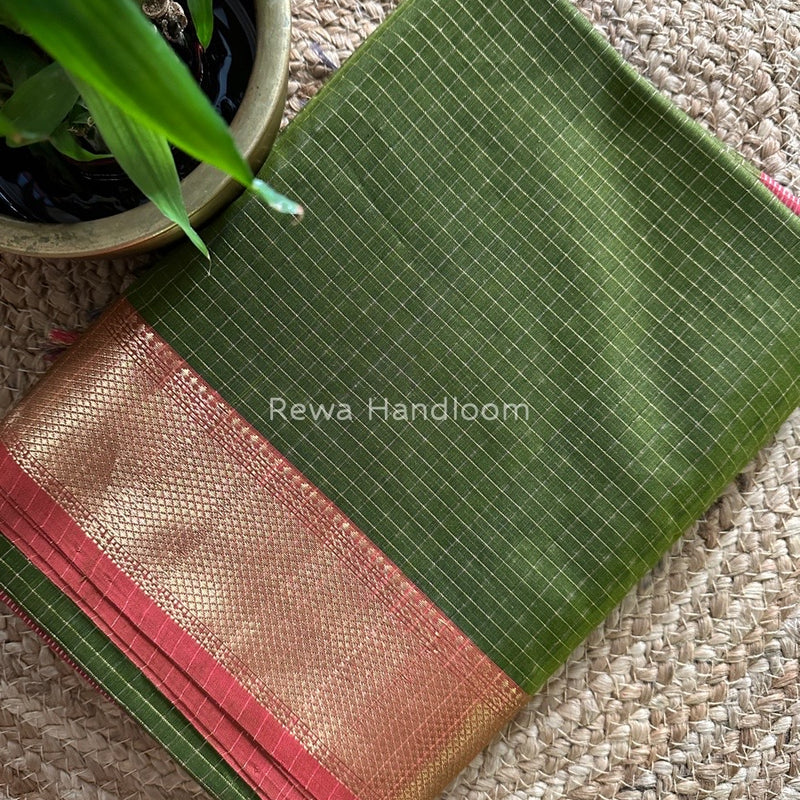 Maheshwari Mehendi Green Zari Checks Saree ZCHX142