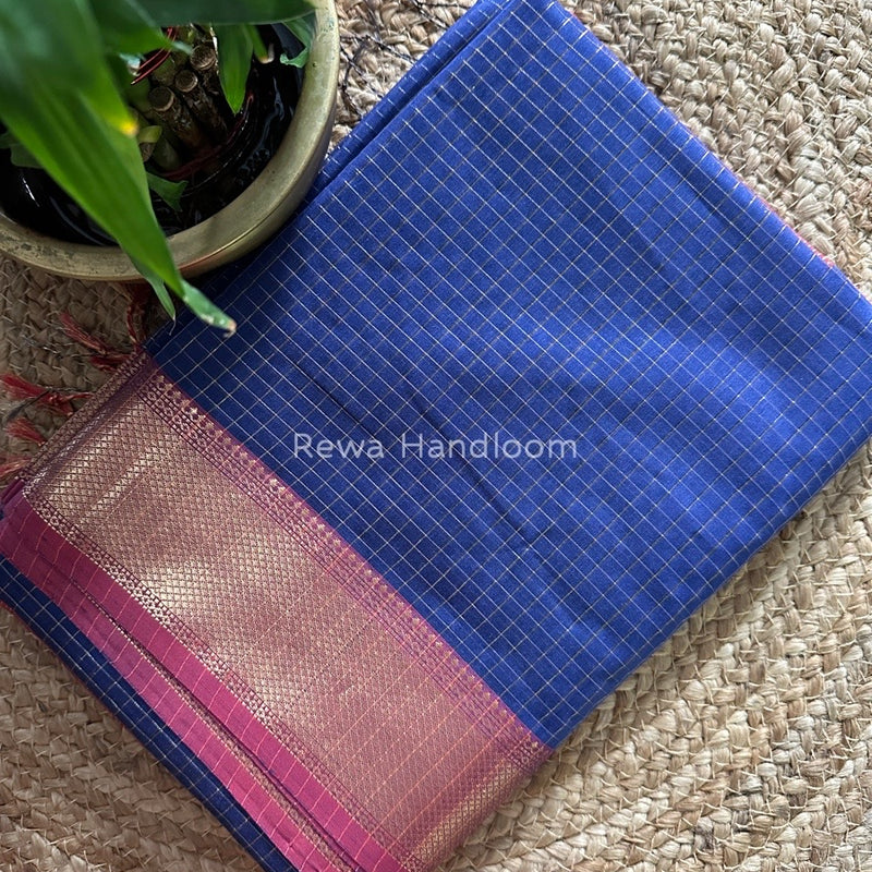 Maheshwari Blue Zari Checks Saree ZCHX049
