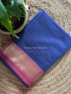 Maheshwari Blue Zari Checks Saree ZCHX049