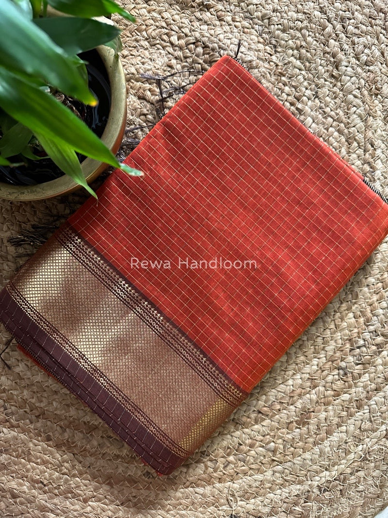Maheshwari Rust Orange Zari Checks Saree ZCHX150