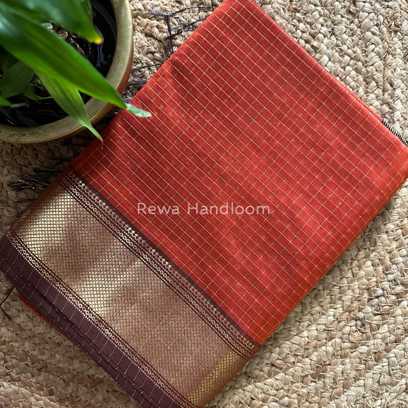 Maheshwari Rust Orange Zari Checks Saree ZCHX150