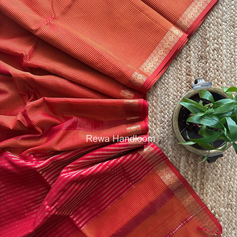 Maheshwari Orange Garbha Reshami Silk Saree GS358 Rewa Handloom