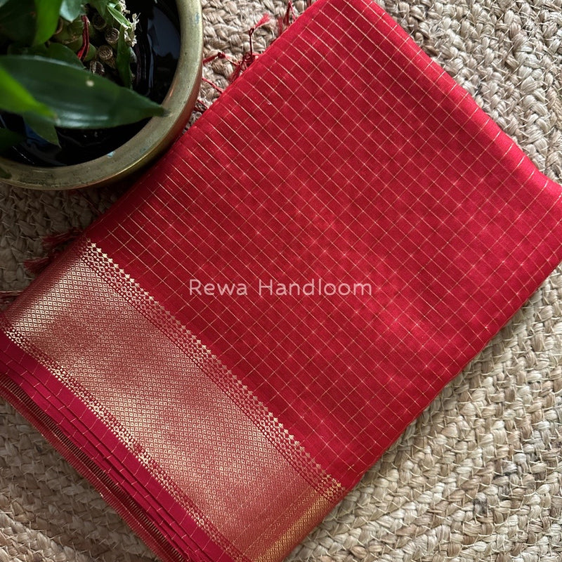 Maheshwari Red Zari Checks Saree ZCHX059