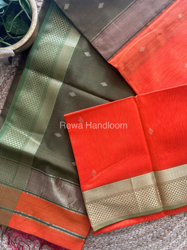 Turmeric Orange Zari Butti ~ Maheshwari Saree-PTB-024