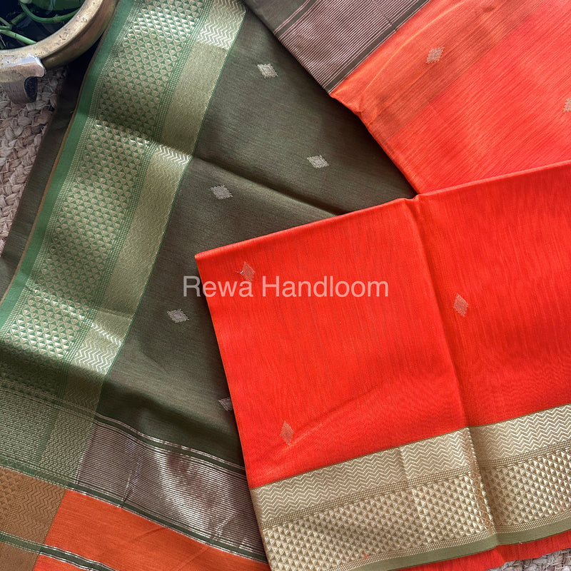 Turmeric Orange Zari Butti ~ Maheshwari Saree-PTB-024