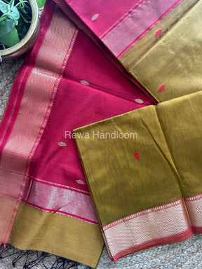 Turmeric Mustard Zari Butti ~ Maheshwari Saree-PTB-021