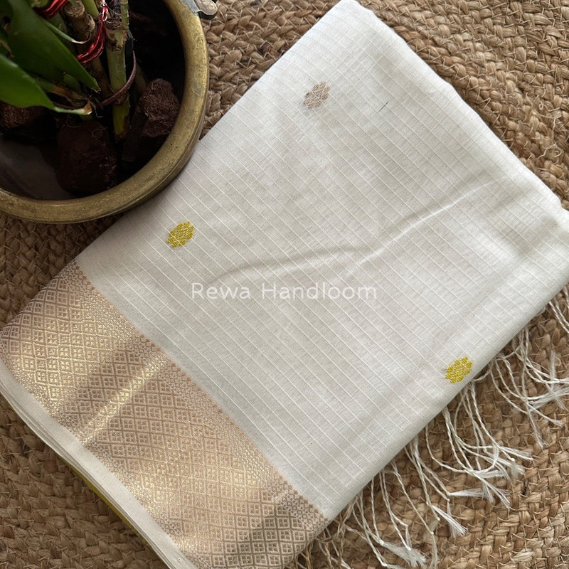 White Butta Pallu Zari Border Saree ~ Maheshwari Saree BTPS014