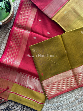 Turmeric Mustard Zari Butti ~ Maheshwari Saree-PTB-029