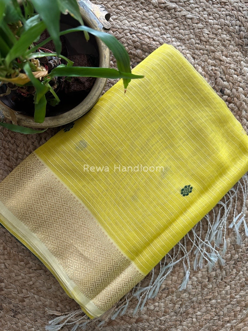 Lemon Yellow Butta Pallu Zari Border Saree ~ Maheshwari Saree BTPS013